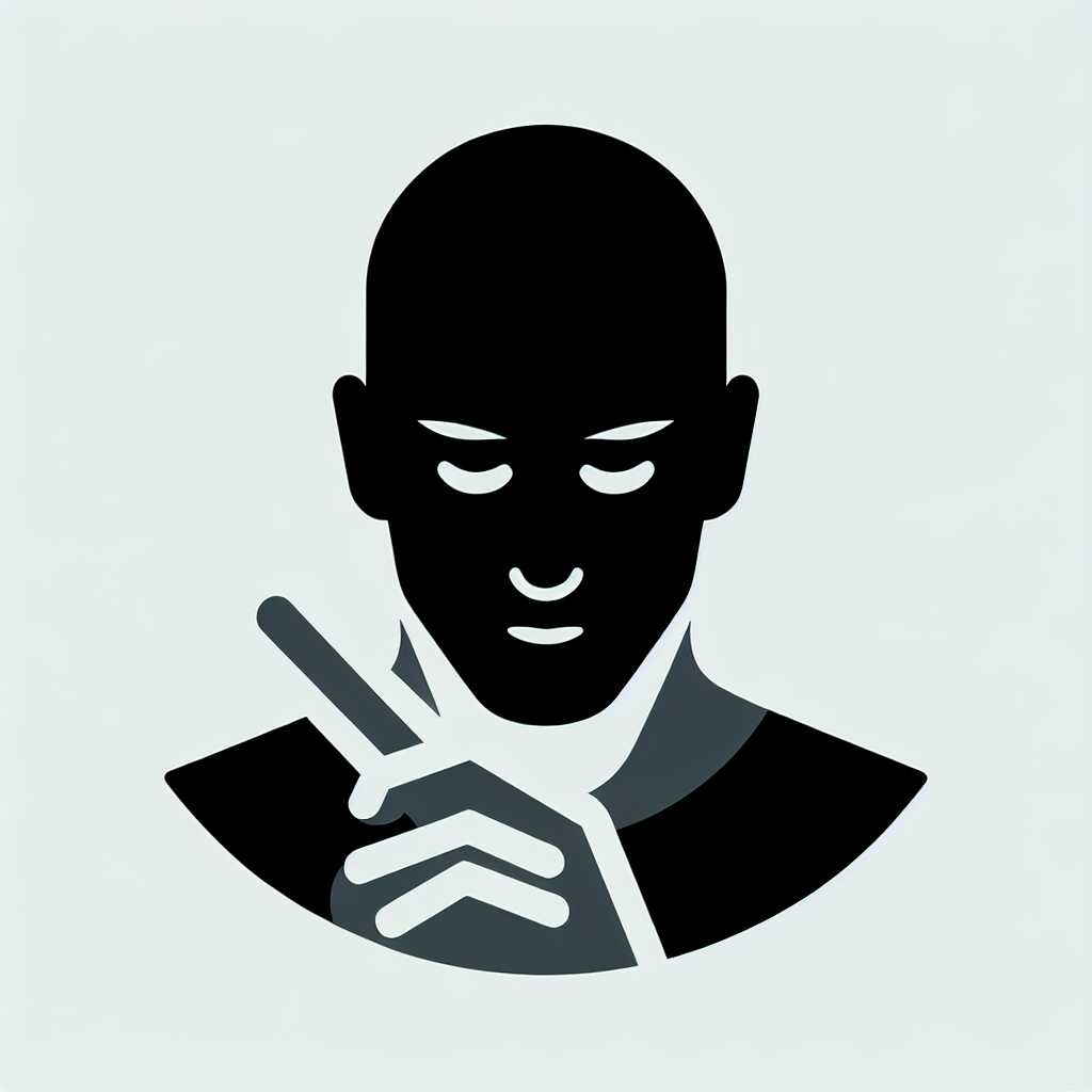 A logo for a brand [containing a bald black man] [greyscale color] that depicts a person writing